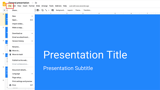 Hoe maak je een presentatie Google Slides File Menu