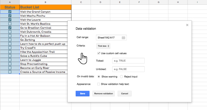 Validatie van een aankruisvakje in Google Spreadsheets met aangepaste waarden