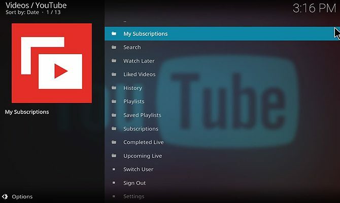 Hoe de YouTube Kodi-add-on te installeren en te gebruiken - add-on startmenu