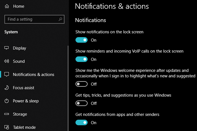 Instellingen voor meldingen en acties van Windows 10