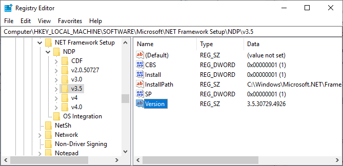 regedit net framework oudere versie