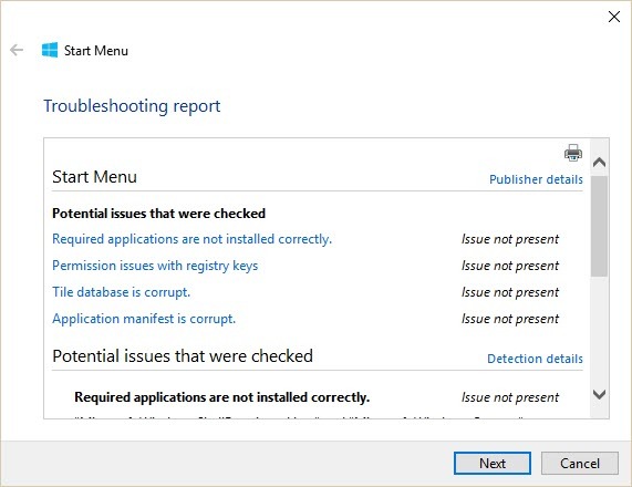 Heeft u problemen met het startmenu of Cortana? Gebruik de probleemoplosser Start Menu Windows 10 Start Menu Report