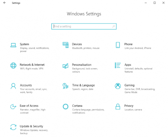 Instellingenscherm van Windows 10