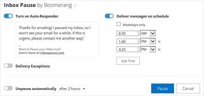 Boomerang Outlook-invoegtoepassing voor Inbox-pauze