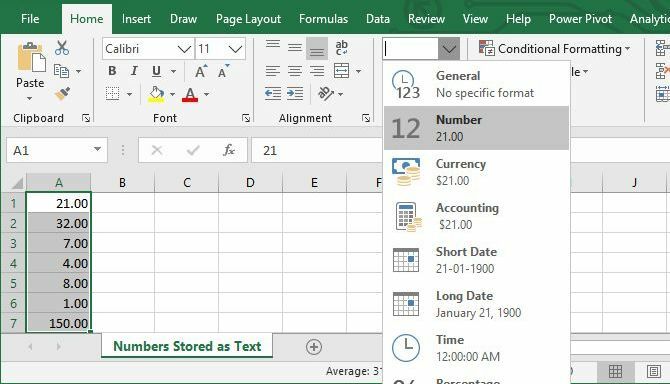 Converteer tekst naar nummer in Excel via het lintmenu.
