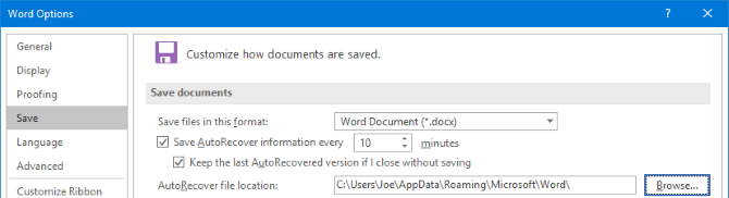 pas Microsoft Word 2016 autorecover aan