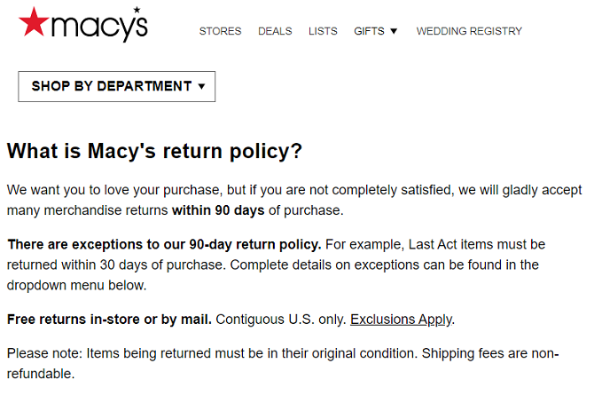 macy's retourbeleid zonder ontvangst