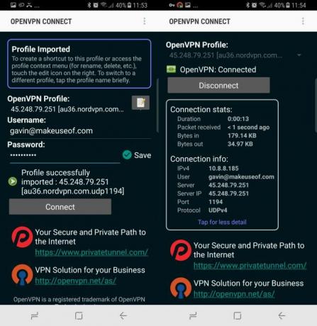 openvpn verbonden en infopagina's