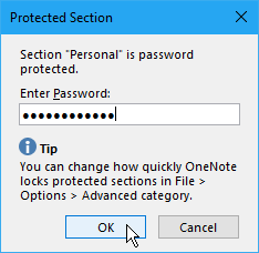 Dialoogvenster Beveiligde sectie in OneNote 2016