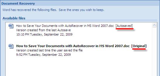 autorecover word