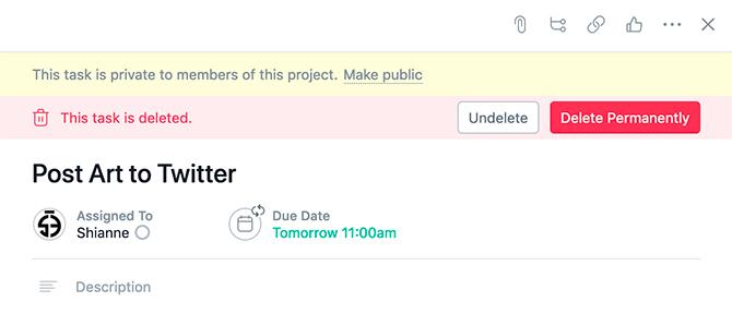 Asana-project maken Verwijder een taak permanent 