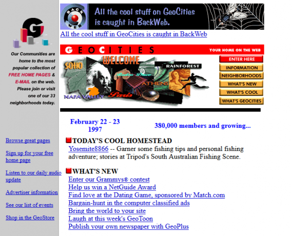 Schermafbeelding van de website van GeoCities in 1997