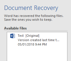 Microsoft Word 2016 document autorecovery