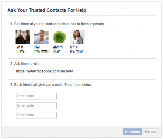 Vraag vertrouwde contacten om hulp om Facebook-account te herstellen.