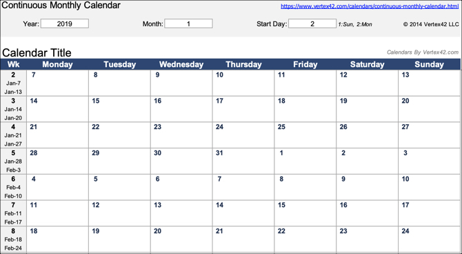 Continu maandelijkse kalender Excel-sjabloon