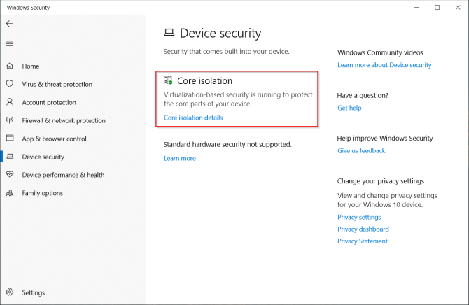 kernisolatiefunctie in Windows Defender