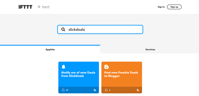 IFTTT Applet-zoekpagina-resultaten voor SlickDeals