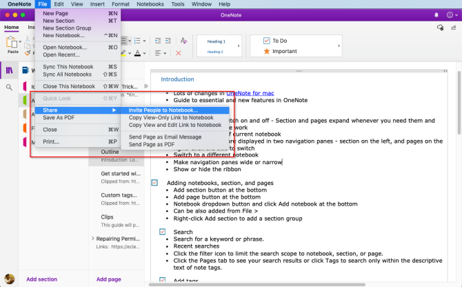 delen en samenwerken in OneNote Mac