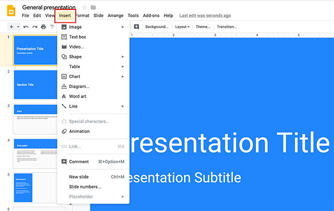 Hoe maak je een presentatie Google Insert-menu voor dia's