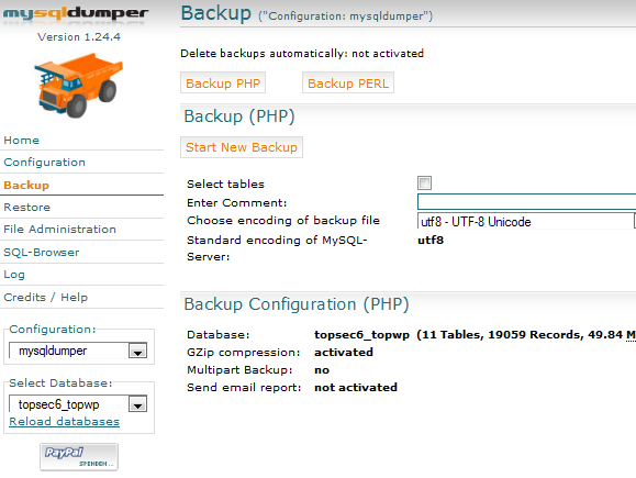 Hoe u regelmatig een back-up maakt van uw grote MySQL-database met MySQLDumper sqldump9