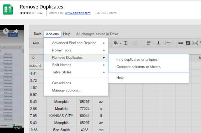 add-ons voor Google-bladen - Verwijder duplicaten 