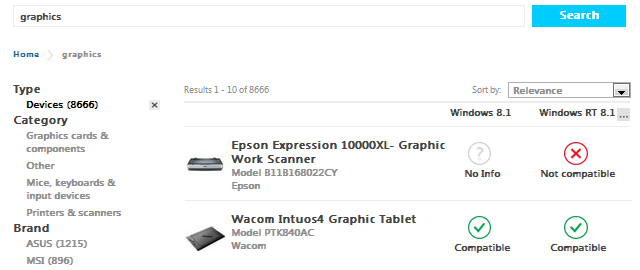 Windows 8.1 Compatibility Center-zoekresultaten