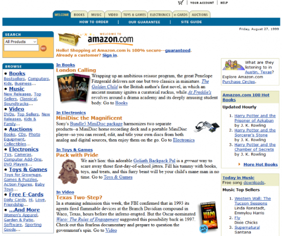 Schermafbeelding van de website van Amazon in 1999