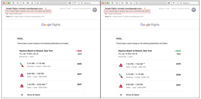 E-mails van Google Flights