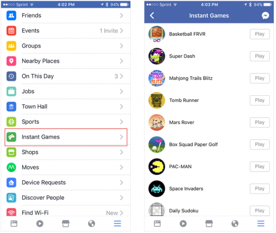 facebook instant games mobiel