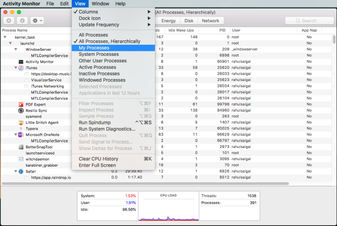 filter de lijst met processen in Activity Monitor