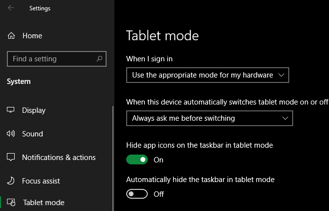 Opties voor Windows 10-tabletmodus