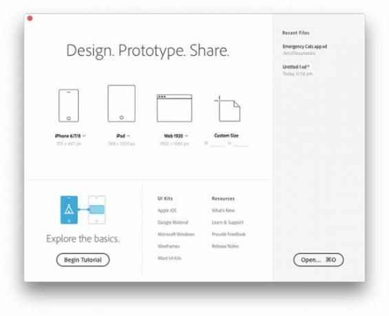 Adobe XD-opstartopties