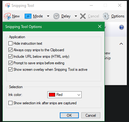 Opties voor Windows Snipping Tool