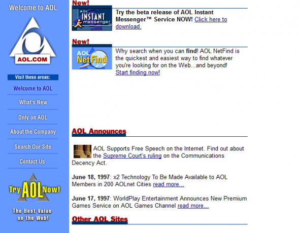 Schermafbeelding van de website van AOL in 1997