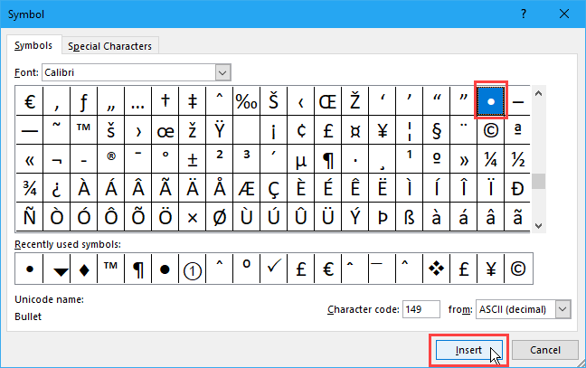 Selecteer een opsommingsteken in het dialoogvenster Symbool in Excel