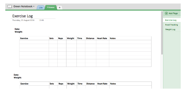 Fitnesslogboek OneNote Voorbeeld Screenshot
