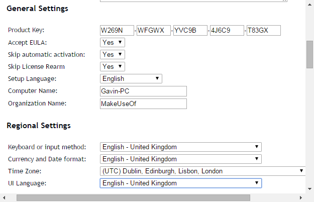 Algemene instellingen van Windows Answer Generator