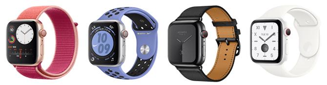 Een foto van de verschillende Apple Watch Series 5-afwerkingen