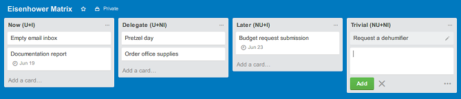 Prioriteit toekennen aan taken met het Eisenhower Matrix-productiviteitssysteem trello eisenhower matrix-luchtontvochtiger