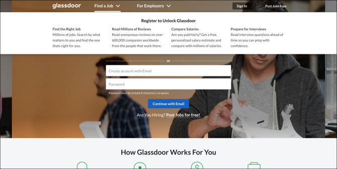 Glassdoor Job Search Hoofdpagina