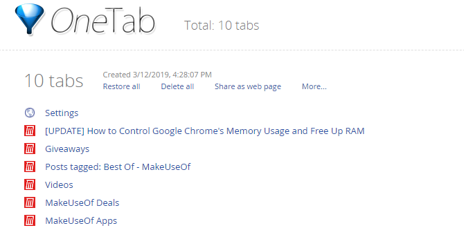 One Tab Chrome Tab-extensie