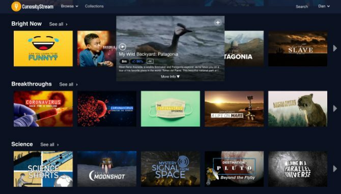 CuriosityStream-startscherm met een selectie van shows om te bekijken