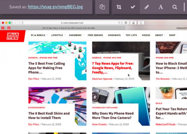 MakeUseOf-startpagina screenshot in de beeldeditor van Snaggy