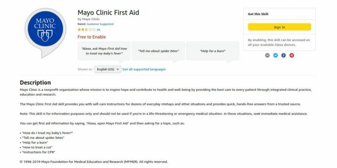 Screenshot van Mayo Clinic First Aid Alexa-vaardigheidswebpagina