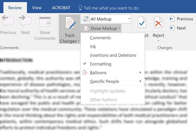 Hoe u bijgehouden wijzigingen in Microsoft Word Show Markup filtert en toepast