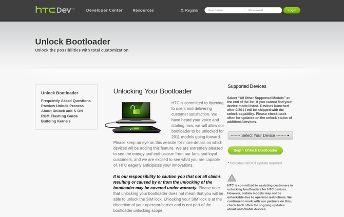 HTC's website voor het ontgrendelen van bootloaders