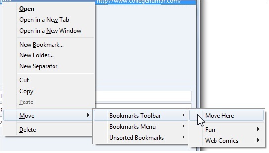 Bookmark Quick Mover: voeg een optie 'Verplaatsen' toe aan Firefox Bookmarks Contextmenu Movhere