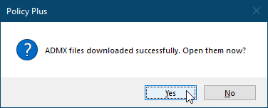 Klik op Ja om de ADMX-bestanden in Policy Plus te openen en te laden