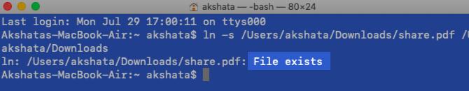 Bestand bestaat bericht tijdens het maken van een symlink in Terminal op macOS