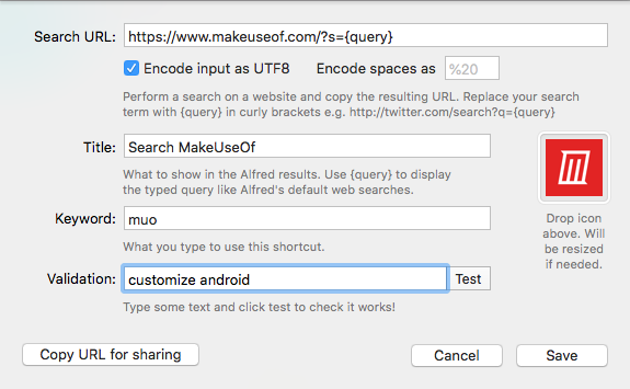 het instellen van Alfred custom search voor makeuseof